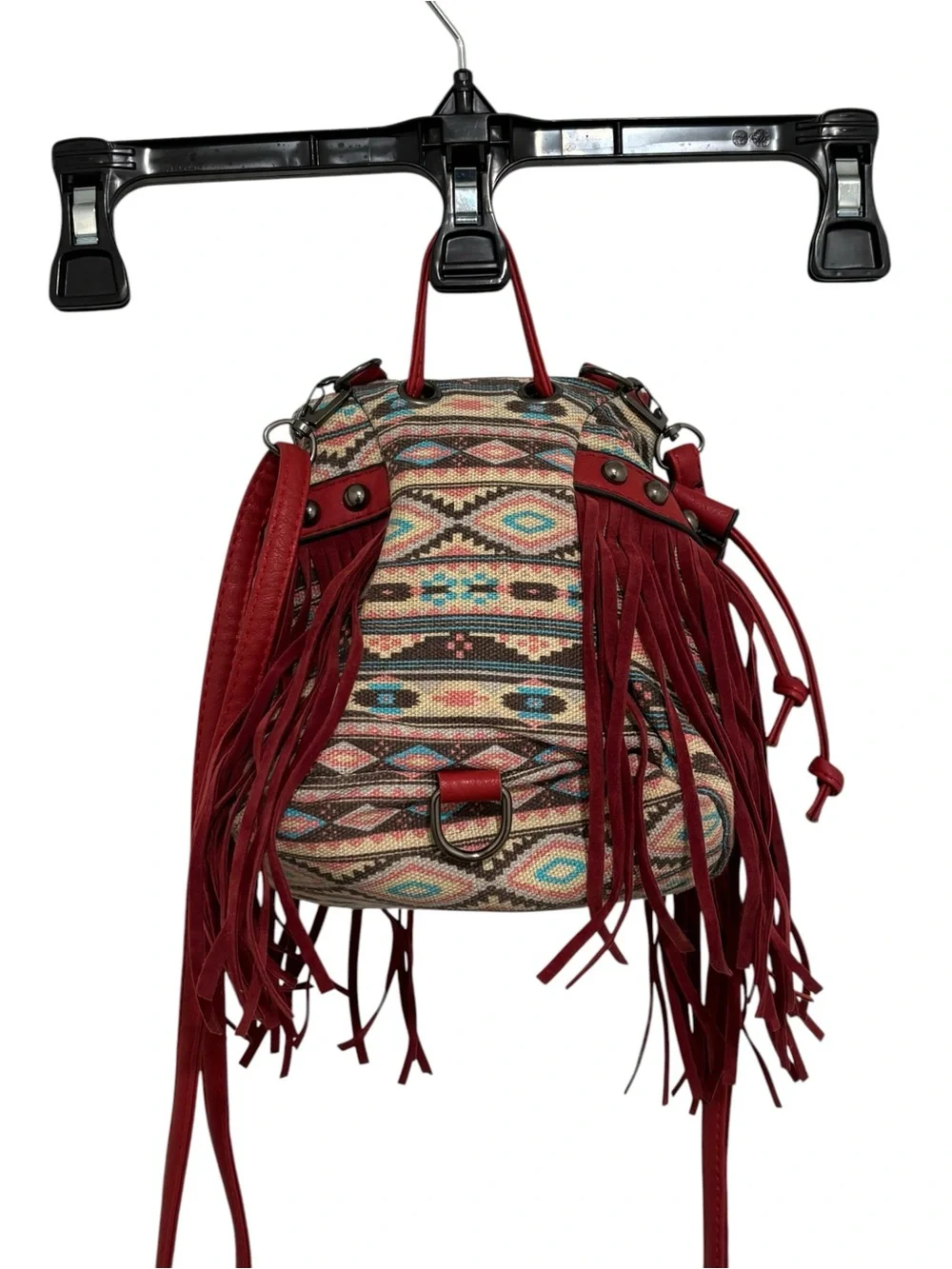 Boho Fringe Studded Hobo Bag in Red - Women's Crossbody Hobo